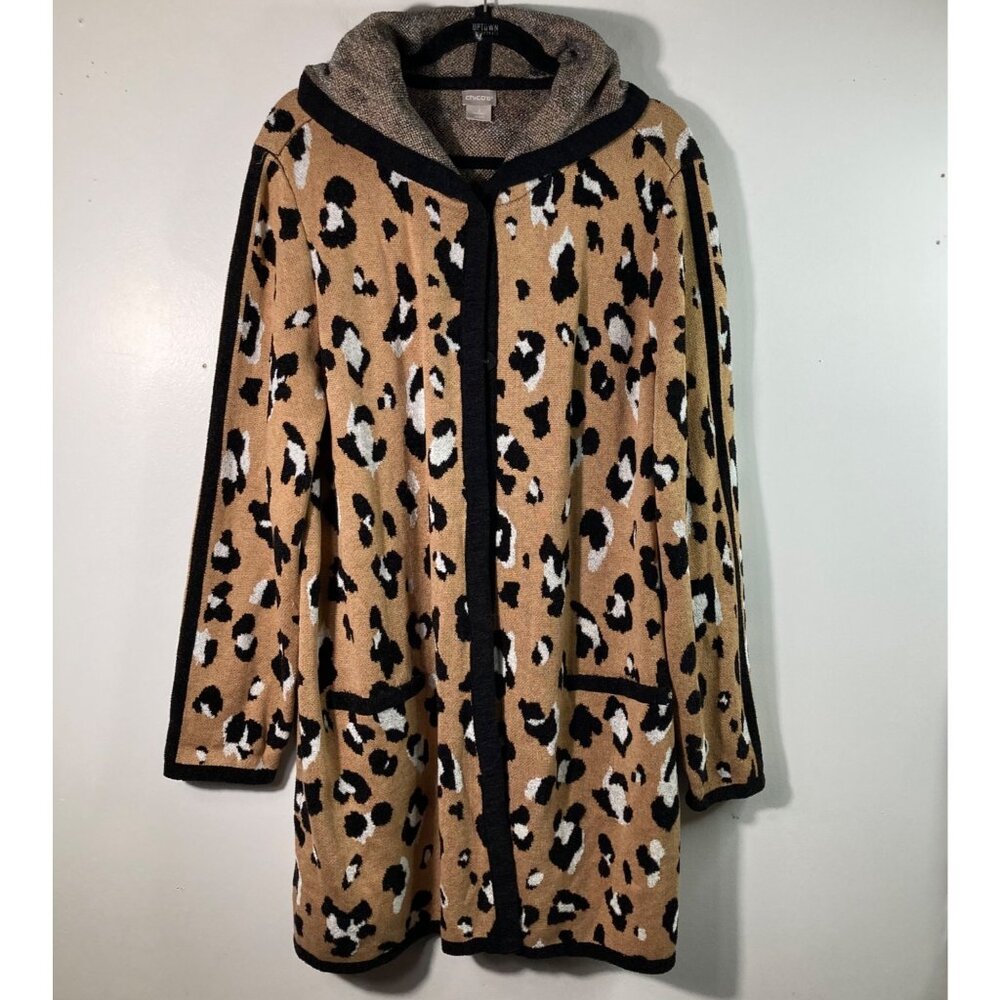 Womens Chicos Leopard Print Long Open Cardigan Hooded L Tan Black White